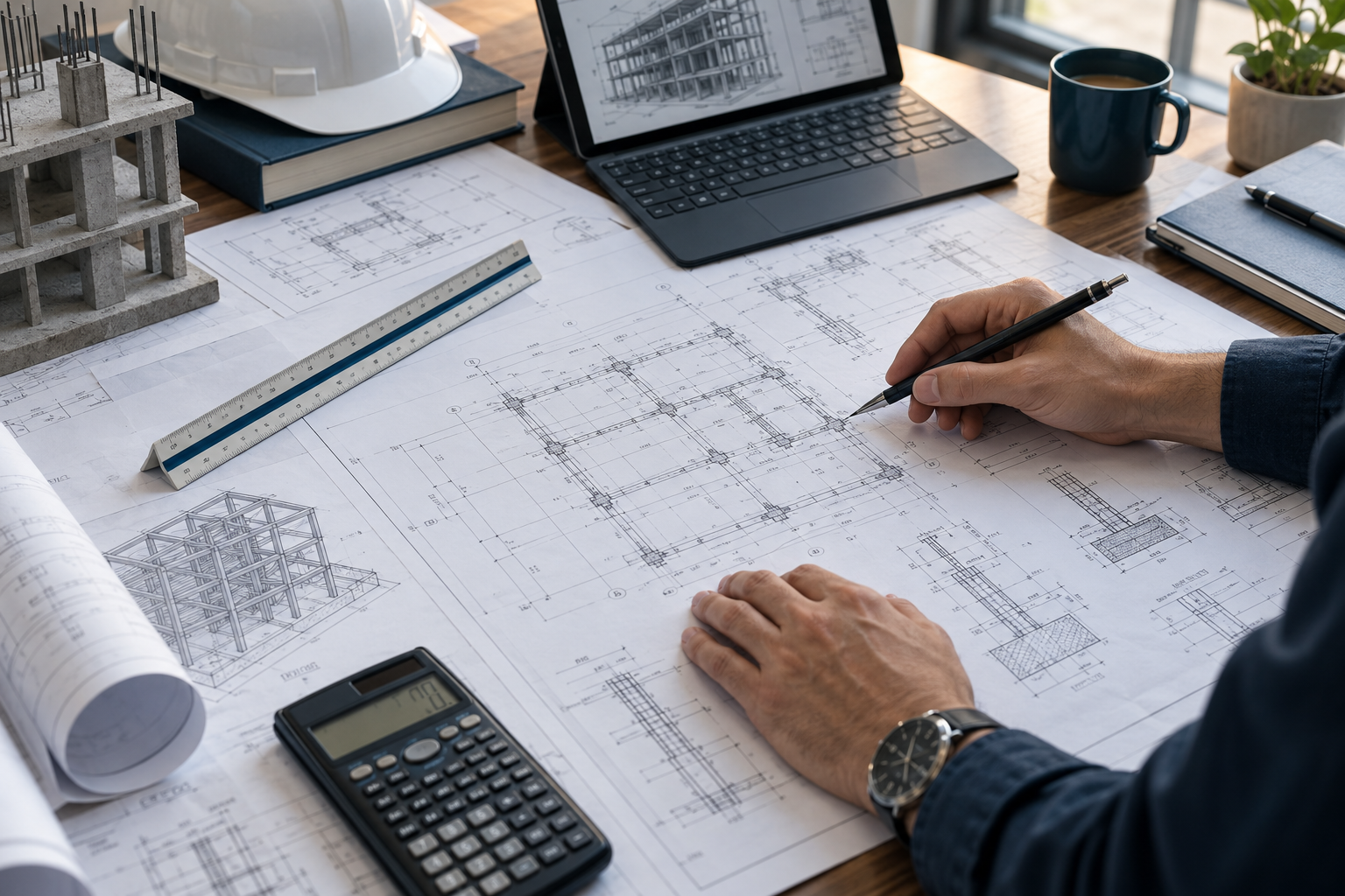 Planos estructurales revisados en una mesa de trabajo